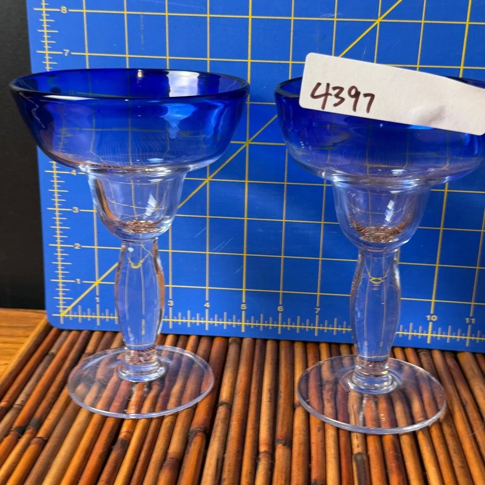 3 qty Mexican Hand Blown Margarita Glasses Cobalt Blue Rim‎ Summer Party taco